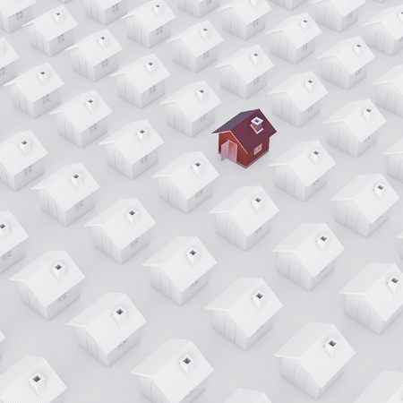 Red house in real estate property image and housing development or community. Isolated on white background with clipping path. House 3d rendering.の写真素材