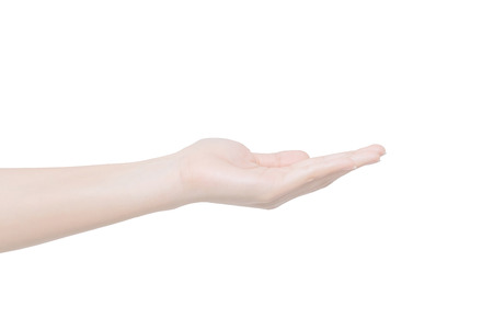 Female hand isolated on white background with clipping path. Hand action for showing something your banner or your product.の写真素材
