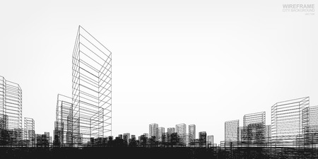 Perspective 3D render of building wireframe. Vector wireframe city background of building.のイラスト素材