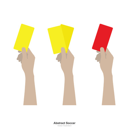 Hand showing yellow card and red card on white background. Abstract sign and symbol for soccer sport. Vector illustration.のイラスト素材