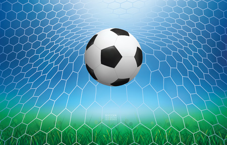Soccer football ball in soccer goal with green grass field area and light blurred bokeh for background. Vector illustration.のイラスト素材
