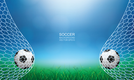 Soccer football ball in soccer goal with green grass field area and light blurred bokeh for background. Vector illustration.のイラスト素材