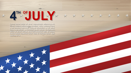 4th of July background for USA(United States of America) Independence Day with wood texture background and American flag. Vector illustration.のイラスト素材