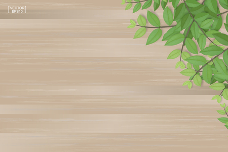 Branches of green leaves on brown wood texture background. Vector illustration.のイラスト素材