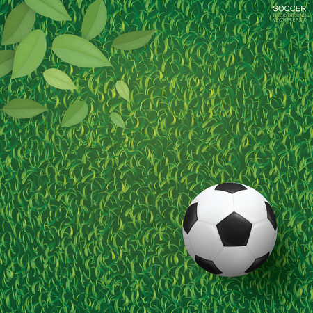 Soccer football ball on green grass floor and green leaves used for background. Vector illustration.のイラスト素材