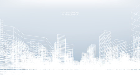 Abstract wireframe city background. Perspective 3D render of building wireframe. Vector illustration.のイラスト素材