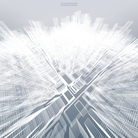 Abstract virtual zoom of wireframe for backgroumd. Perspective 3D render of building wireframe. Vector illustration.のイラスト素材