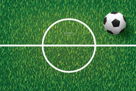 Soccer football ball on green grass of soccer field background. Vector illustration.のイラスト素材