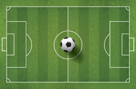 Soccer football ball on green grass of soccer field pattern and texture for background. Vector illustration.のイラスト素材