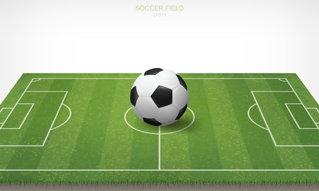 Soccer football ball in soccer field area and white background. Green grass of soccer field with pattern and texture in perspective views. Vector illustration.のイラスト素材