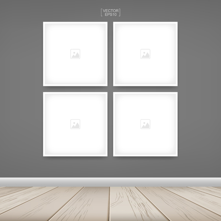 Empty photo frame or picture frame background in room space area with gray wall background and wooden floor. Vector idea for room design and interior decoration.のイラスト素材