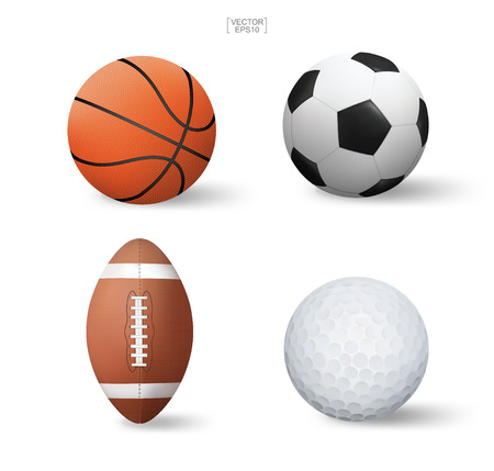 Vector realistic sports ball set. Basketball, Soccer football, American football and golf isolated on white background. Vector illustration.のイラスト素材