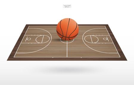 Basketball ball on basketball court with wooden floor pattern and texture. Perspective view of basketball field for background. Vector illustration.のイラスト素材