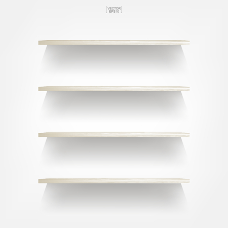 Empty wood shelf on white background with soft shadow. 3D empty wooden shelves on white wall. Vector illustration.のイラスト素材
