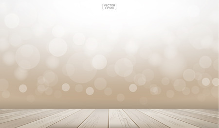 Wooden deck or wooden terrace with light blurred bokeh background used for montage or display product. Outdoor background with perspective wood pattern and texture. Vector illustration.のイラスト素材