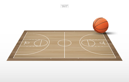 Basketball ball on basketball court with wooden floor pattern and texture. Perspective view of basketball field for background. Vector illustration.のイラスト素材