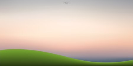 Green grass hill and sunset sky background. Outdoor natural background for template design. Vector illustration.のイラスト素材