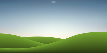 Green grass hill and sunset sky background. Outdoor natural background for template design. Vector illustration.のイラスト素材