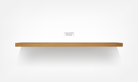 Empty wood shelf on white background with soft shadow. 3D empty wooden shelves on white wall. Vector illustration.のイラスト素材