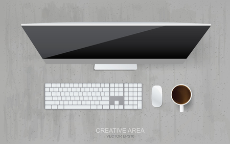 Top view of computer in working space area and concrete background. Vector illustration.のイラスト素材