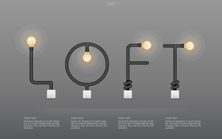 "LOFT" Abstract linear alphabet of light bulb and light switch on gray background. Vector illustration.のイラスト素材