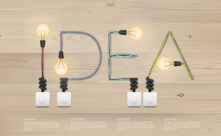 "IDEA" Abstract alphabet of light bulb and light switch on wood texture background. Vector illustration.のイラスト素材
