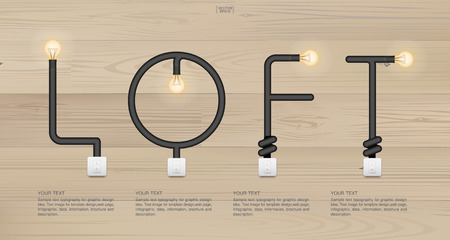 "LOFT" Abstract linear alphabet of light bulb and light switch on wood background. Vector illustration.のイラスト素材
