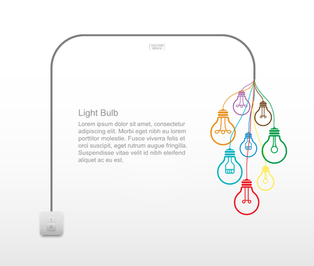 Colorful light bulb symbol and light switch on white background. Lamp and switch. Vector illustration.のイラスト素材