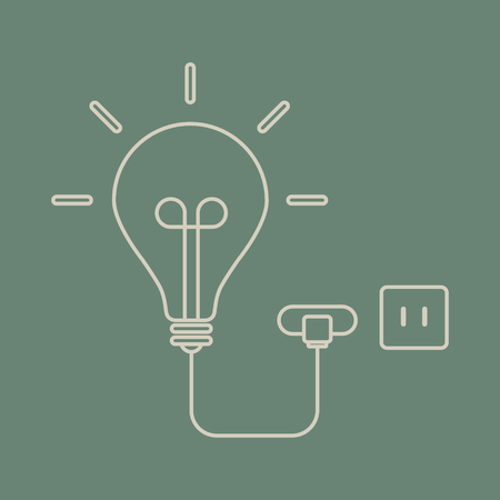 Creative light bulb and plug. Graphic design idea of bulb light with cord electrical plug connected to power socket. Vector illustration.のイラスト素材
