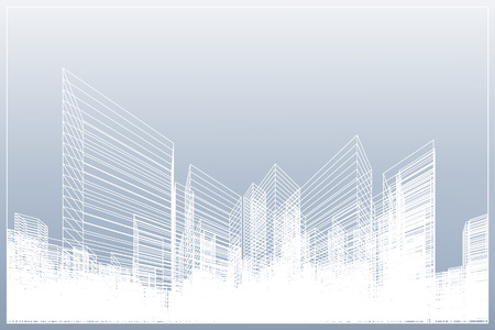 Abstract wireframe city background. Perspective 3D render of building wireframe. Vector illustration.のイラスト素材