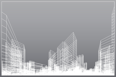 Abstract wireframe city background. Perspective 3D render of building wireframe. Vector illustration.のイラスト素材
