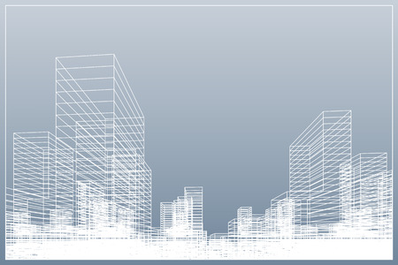 Abstract wireframe city background. Perspective 3D render of building wireframe. Vector illustration.のイラスト素材