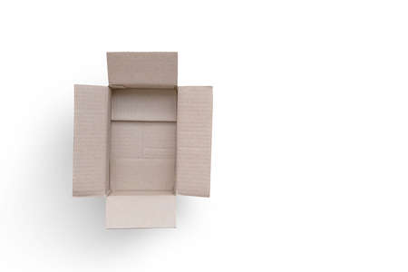 Open cardboard box isolated on white background. Top view of brown box for shopping online idea....