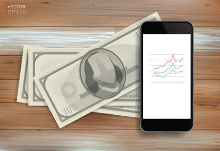 Smart phone and dollar banknote on wood background. Vector illustration.のイラスト素材