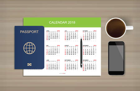 Background for traveler template with smartphone, passport, coffee and calendar on wood. Vector illustration.のイラスト素材