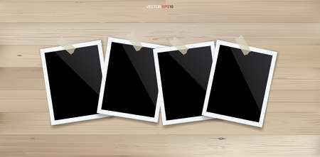 Blank photo frame or picture frame on wood background. Vector illustration.のイラスト素材