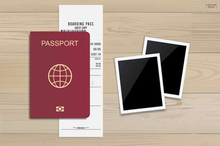 Passport and boarding pass ticket on wood background. Vector illustration.のイラスト素材