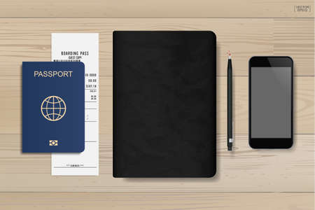 Background of notebook, passport and smartphone on wood. Background for tourism and traveling idea. Vector illustration.のイラスト素材