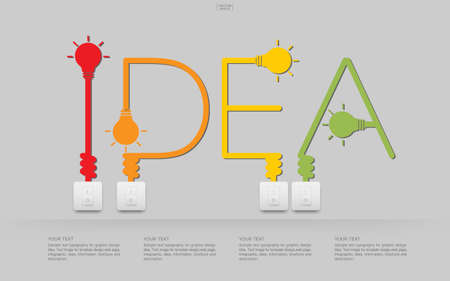 "Idea" Abstract linear alphabet of light bulb and light switch on white background. Lamp and switch with area for infographic and text. Vector illustration.のイラスト素材