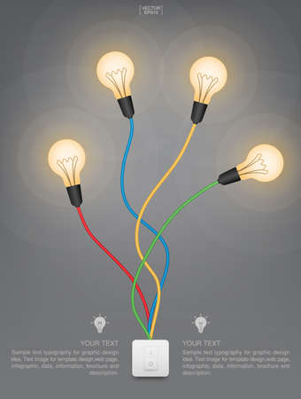 Abstract light bulb and light switch on gray background. Lamp and switch with area for copy space. Vector illustration.のイラスト素材
