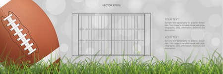 American football ball on green grass field with light blurred bokeh background. Vector illustration.のイラスト素材