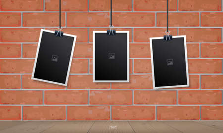 Empty photo frame set on red brick wall texture background. Vintage background. Vector illustration.のイラスト素材