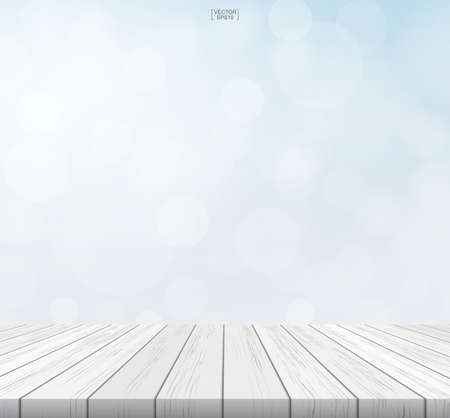 Table top background with perspective of wooden pattern and texture. Terrace with light blurred bokeh used for montage or display product. Vector illustration.のイラスト素材