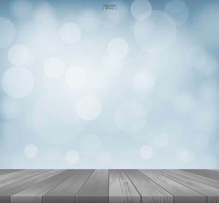 Table top background with perspective of wooden pattern and texture. Terrace with light blurred bokeh used for montage or display product. Vector illustration.のイラスト素材