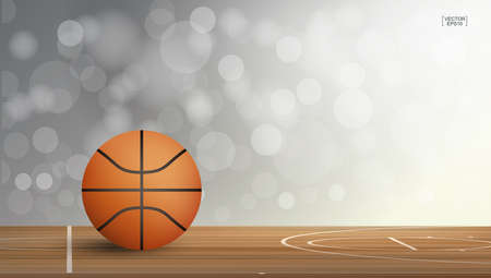 Basketball ball on basketball court area with light blurred bokeh background. Abstract background for basketball sport with light effect. Vector illustration.のイラスト素材