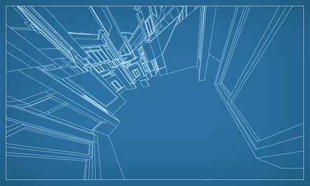 3D perspective render of building wireframe structure. Abstract construction graphic idea. Vector illustration.のイラスト素材