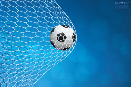 Soccer ball in goal. Football ball and white net with blue background. Vector illustration.のイラスト素材