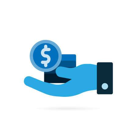 Save money icon, salary money, invest finance, hand holding dollar. Blue symbol on white background. Vector illustration.のイラスト素材