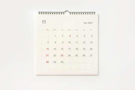 November 2021 calendar page on white background. Calendar background for reminder, business planning, appointment meeting and event.の写真素材