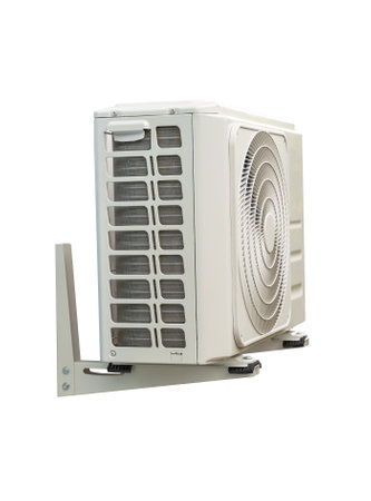 Condensing unit of air conditioning systems isolated on white with clipping path. Condensing unit installed on the wall.の写真素材